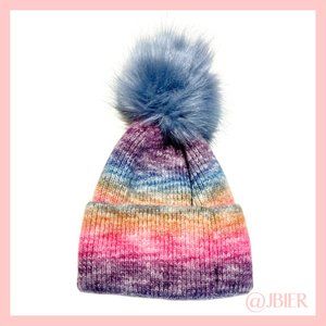 Adrienne Landau Knit Beanie with Faux Fur Pom in Multi-Color